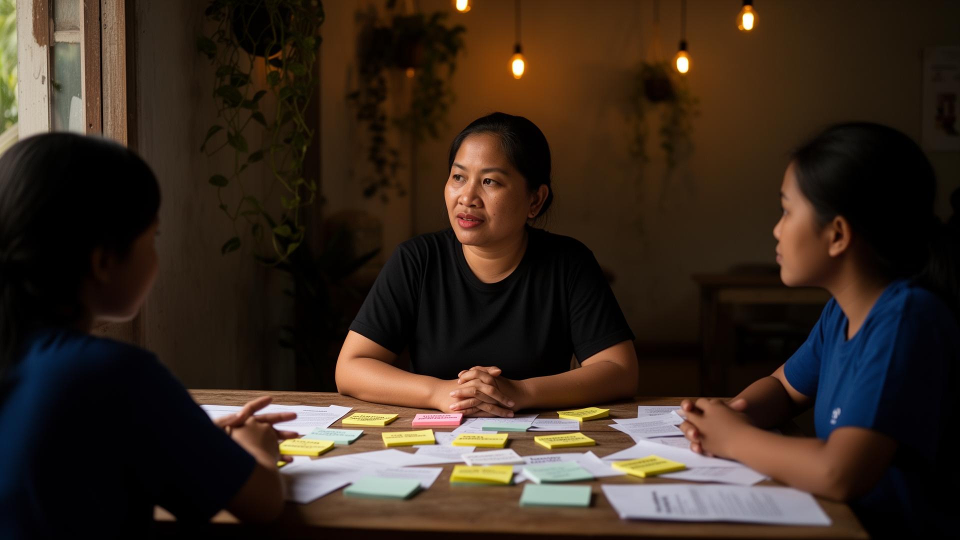 A Southeast Asian woman mentor in conversation with a young woman and a young boy around a wooden table covered in sticky notes, in warm low light.